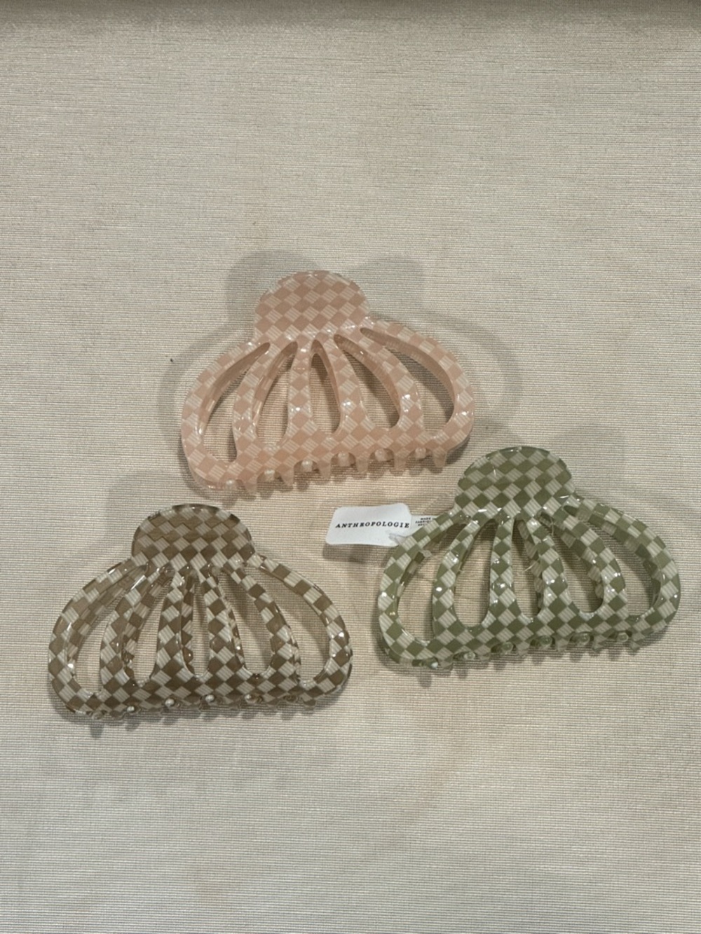 Anthropologie Check-Pattern Hair Claw Clips in Pink, Beige & Olive
